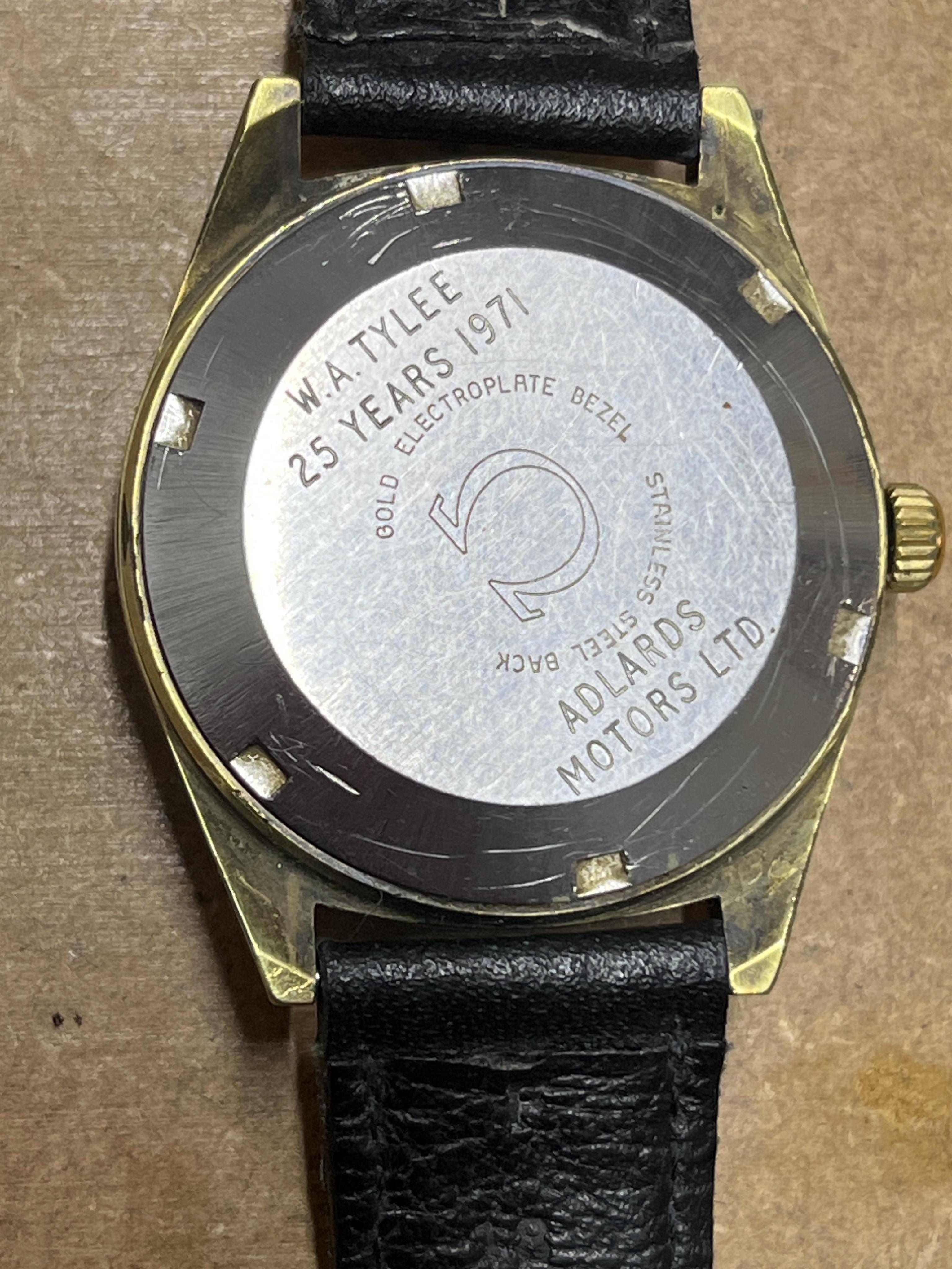 A gentleman's early 1970's Omega steel and gold plated automatic wrist watch, with baton numerals and date aperture, case diameter 35mm, with case back inscription, on an associated leather strap.